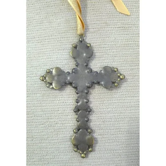 Beaded Cross Ornament With Gold & Pearl Accents On Ribbon Hanger For Wall 5"H - Picture 4 of 5